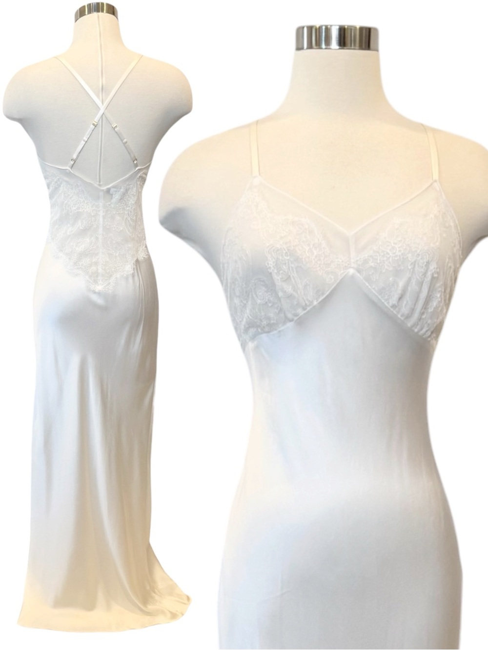 Vintage 100% Silk Chiffon Bias Lace Ivory White Nordstrom Maxi Gown Slip Dress